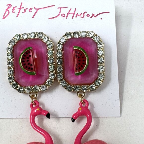 Betsey Johnson Flamingo Watermelon Statement Earrings With Rhinestone Accents - Picture 3 of 7